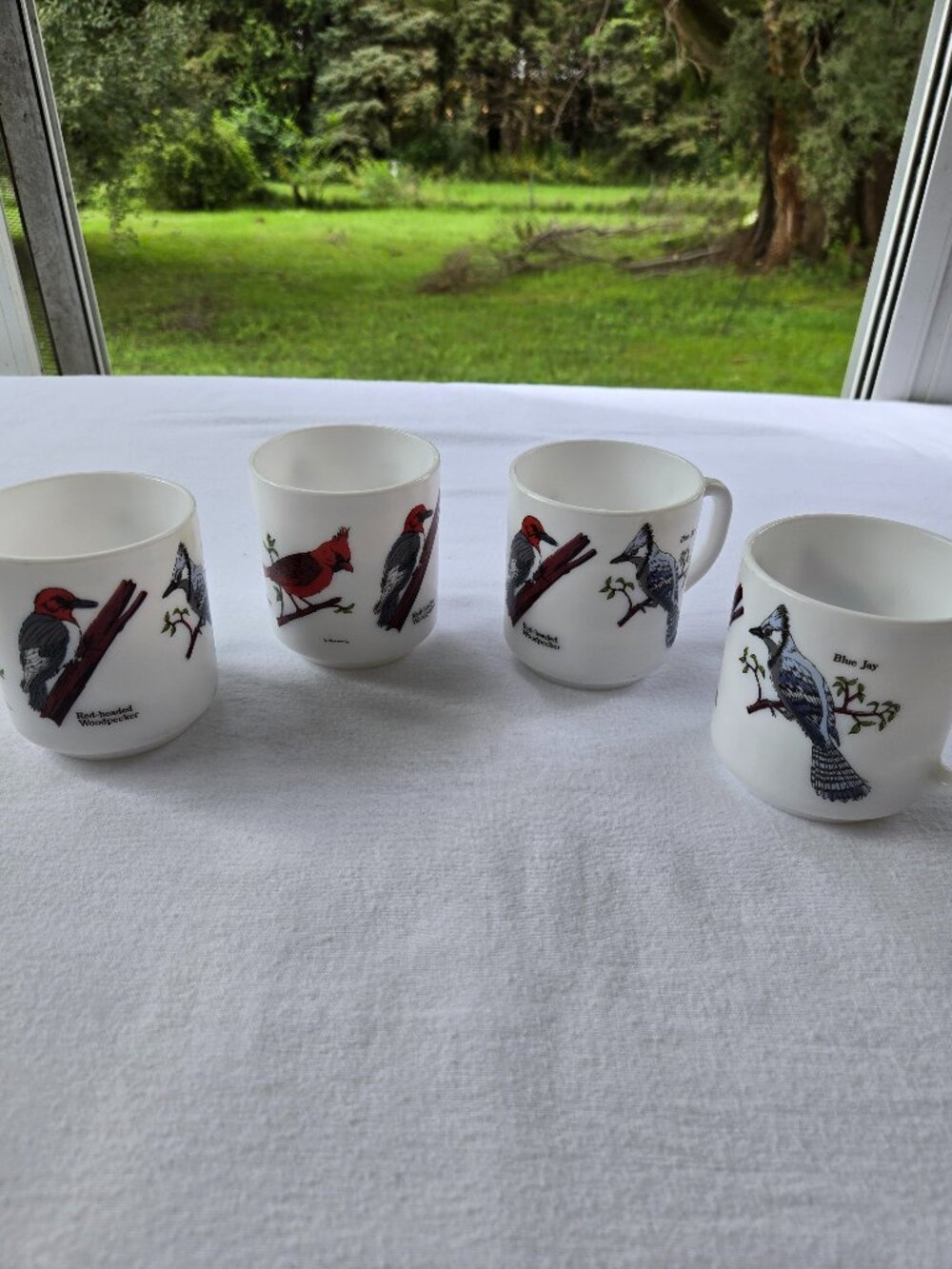 Anchor Hocking Fire-King Milk Glass R Carmen Songbird Mugs - Set of 4